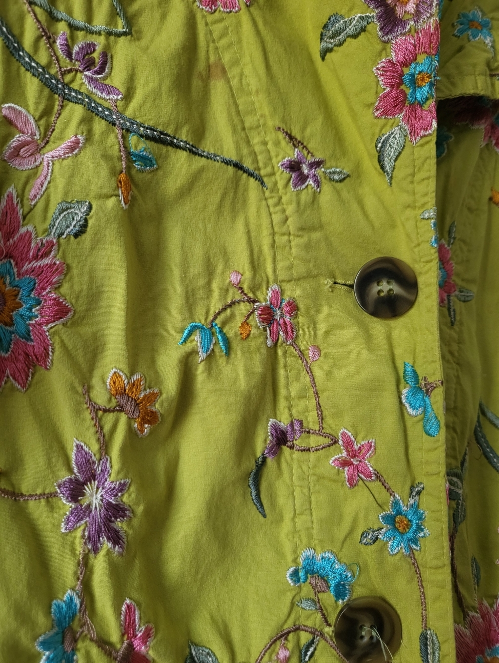 Johnny Was Chartreuse Floral Embroidered Stretch Jacket Long Trench Coat XS - Picture 3 of 5